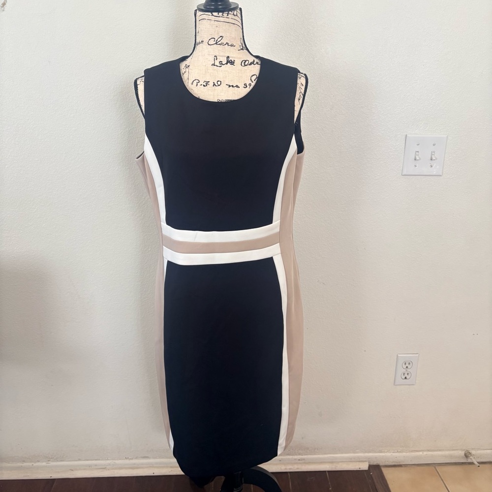Calvin Klein Sleeveless Black and Beige Sheath Dress with White Trim Size 14